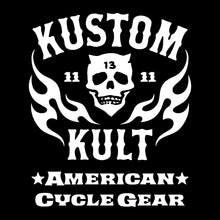 Load image into Gallery viewer, KK SKULL N' FLAMES AMERICAN CYCLE GEAR ~ White- Crew Neck - BLACK