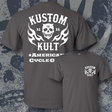 Load image into Gallery viewer, KK SKULL 'N FLAMES - AMERICAN CYCLE GEAR ~ White - Short Sleeve Tee - DARK GRAY
