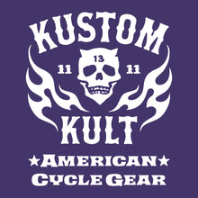 Load image into Gallery viewer, KK SKULL 'N FLAMES - AMERICAN CYCLE GEAR ~ White - Short Sleeve Tee - PURPLE