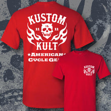 Load image into Gallery viewer, KK SKULL 'N FLAMES - AMERICAN CYCLE GEAR ~ White - Short Sleeve Tee - RED