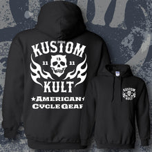 Load image into Gallery viewer, KK SKULL 'N FLAMES AMERICAN CYCLE GEAR ~ White - Hoodie - BLACK
