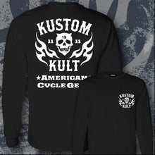 Load image into Gallery viewer, KK SKULL 'N FLAMES AMERICAN CYCLE GEAR~ White - Long Sleeve Tee - BLACK