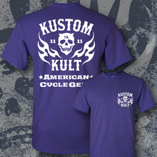 Load image into Gallery viewer, KK SKULL 'N FLAMES - AMERICAN CYCLE GEAR ~ White - Short Sleeve Tee - PURPLE