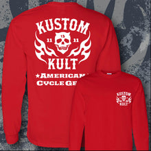 Load image into Gallery viewer, KK SKULL 'N FLAMES AMERICAN CYCLE GEAR~ White - Long Sleeve Tee - RED