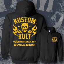 Load image into Gallery viewer, KK SKULL 'N FLAMES AMERICAN CYCLE GEAR ~ Yello - Hoodie - BLACK