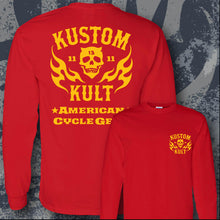 Load image into Gallery viewer, KK SKULL 'N FLAMES AMERICAN CYCLE GEAR~ Yellow - Long Sleeve Tee - RED