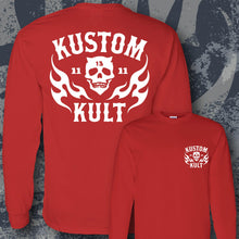 Load image into Gallery viewer, KK SKULL 'N FLAMES ~ White - Long Sleeve Tee - RED