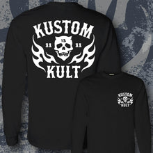 Load image into Gallery viewer, KK SKULL 'N FLAMES~ White - Long Sleeve Tee - BLACK
