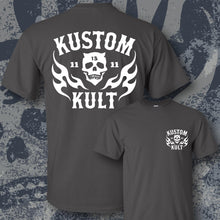 Load image into Gallery viewer, KK SKULL 'N FLAMES ~ White - Short Sleeve Tee - DARK GRAY