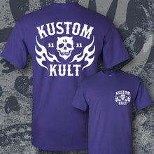 Load image into Gallery viewer, KK SKULL 'N FLAMES ~ White - Short Sleeve Tee - PURPLE