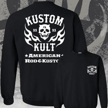 Load image into Gallery viewer, KK SKULL N' FLAMES AMERICAN ROD & KUSTOM ~ White - Crew Neck - BLACK