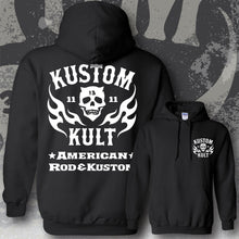 Load image into Gallery viewer, KK SKULL 'N FLAMES AMERICAN ROD & KUSTOM ~ White - Hoodie - BLACK