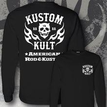 Load image into Gallery viewer, KK SKULL 'N FLAMES AMERICAN ROD & KUSTOM~ White - Long Sleeve Tee - BLACK