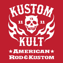 Load image into Gallery viewer, KK SKULL 'N FLAMES - AMERICAN ROD & KUSTOM ~ White - Short Sleeve Tee - RED
