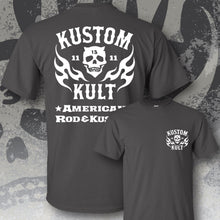 Load image into Gallery viewer, KK SKULL 'N FLAMES - AMERICAN ROD & KUSTOM ~ White - Short Sleeve Tee - GRAY