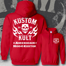 Load image into Gallery viewer, KK SKULL 'N FLAMES AMERICAN ROD & KUSTOM ~ White - Hoodie - RED
