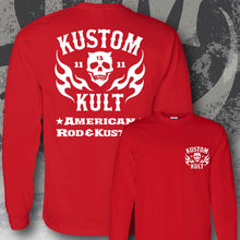 Load image into Gallery viewer, KK SKULL 'N FLAMES AMERICAN ROD & KUSTOM~ White - Long Sleeve Tee - RED