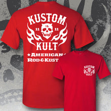 Load image into Gallery viewer, KK SKULL 'N FLAMES - AMERICAN ROD & KUSTOM ~ White - Short Sleeve Tee - RED
