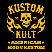 Load image into Gallery viewer, KK SKULL 'N FLAMES - AMERICAN ROD & KUSTOM ~ Yellow - Short Sleeve Tee - BLACK