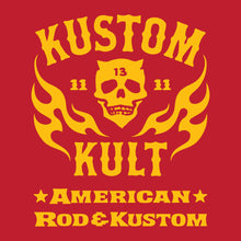 Load image into Gallery viewer, KK SKULL 'N FLAMES - AMERICAN ROD & KUSTOM ~ Yellow - Short Sleeve Tee - RED