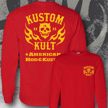 Load image into Gallery viewer, KK SKULL 'N FLAMES AMERICAN ROD & KUSTOM~ Yellow - Long Sleeve Tee - RED