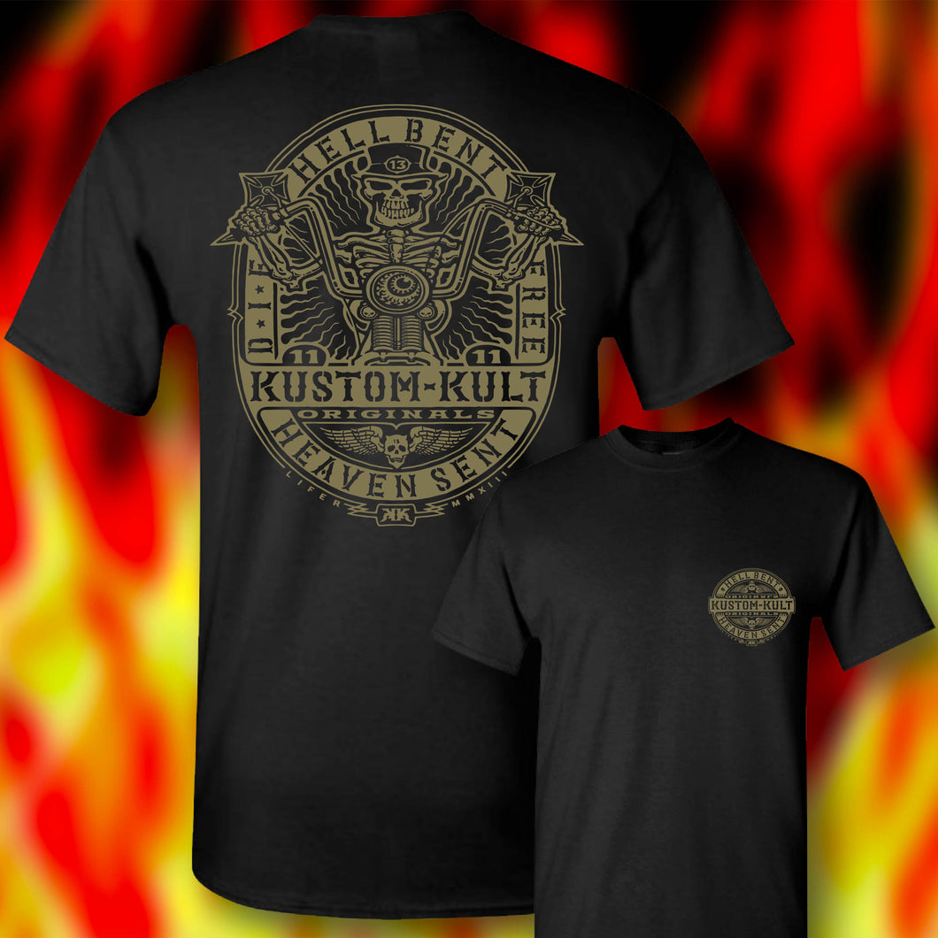 HELL BENT RIDER ~ Metallic Gold Ink - Short Sleeve Tee - Black