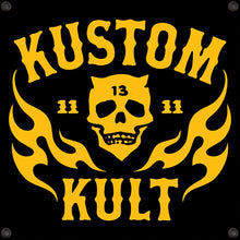 Load image into Gallery viewer, KK SKULL N&#39; FLAMES AMERICAN ROD &amp; KUSTOM ~ Yellow- Crew Neck - BLACK

