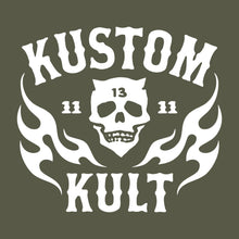 Load image into Gallery viewer, KK SKULL &#39;N FLAMES - AMERICAN ROD &amp; KUSTOM ~ White - Short Sleeve Tee - ARMY
