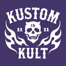 Load image into Gallery viewer, KK SKULL &#39;N FLAMES - AMERICAN ROD &amp; KUSTOM ~ White - Short Sleeve Tee - PURPLE
