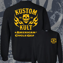 Load image into Gallery viewer, KK SKULL N&#39; FLAMES AMERICAN CYCLE GEAR ~ Yellow- Crew Neck - BLACK
