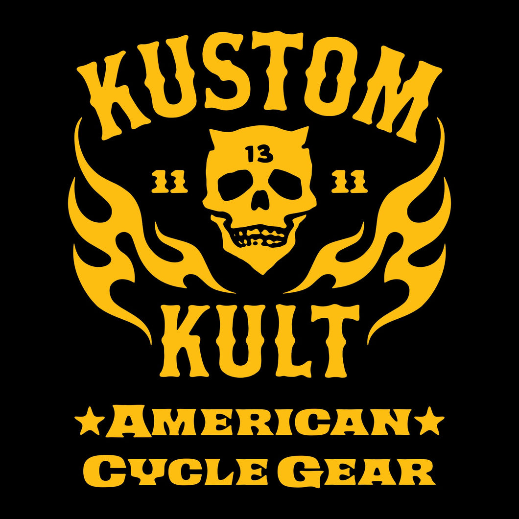 KK SKULL 'N FLAMES AMERICAN CYCLE GEAR~ Yellow - Long Sleeve Tee - BLACK