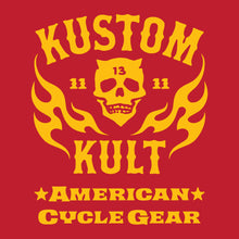 Load image into Gallery viewer, KK SKULL &#39;N FLAMES AMERICAN CYCLE GEAR~ Yellow - Long Sleeve Tee - RED
