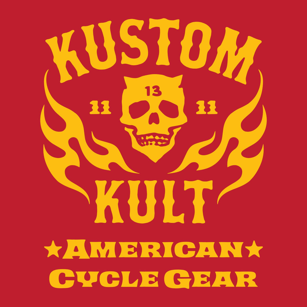 KK SKULL 'N FLAMES AMERICAN CYCLE GEAR~ Yellow - Long Sleeve Tee - RED