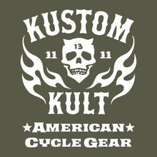 Load image into Gallery viewer, KK SKULL &#39;N FLAMES - AMERICAN ROD &amp; KUSTOM ~ White - Short Sleeve Tee - ARMY

