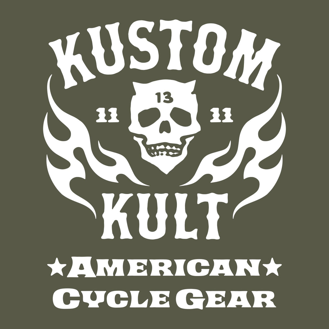 KK SKULL 'N FLAMES - AMERICAN ROD & KUSTOM ~ White - Short Sleeve Tee - ARMY
