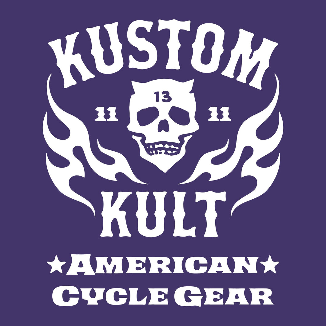 KK SKULL 'N FLAMES - AMERICAN CYCLE GEAR ~ White - Short Sleeve Tee - PURPLE