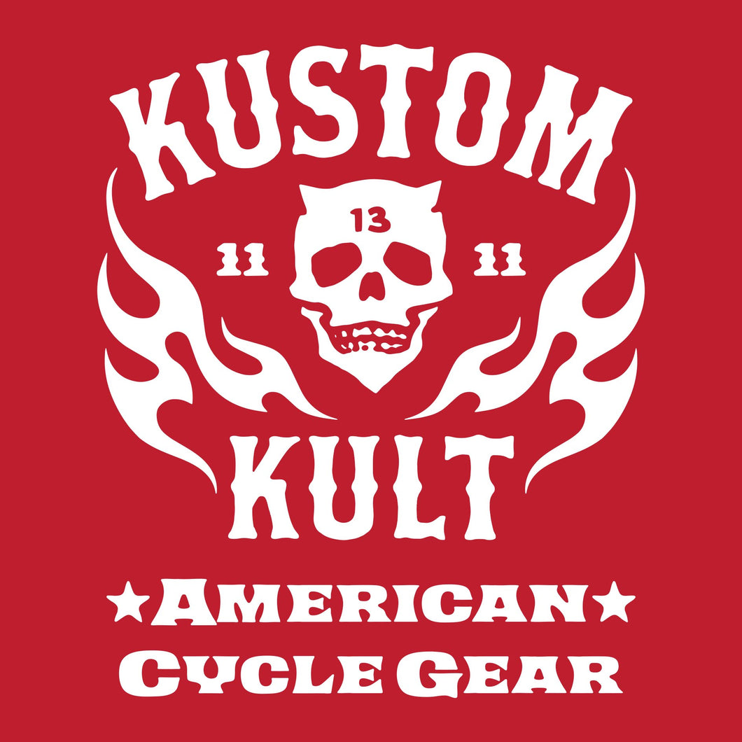 KK SKULL 'N FLAMES AMERICAN CYCLE GEAR~ White - Long Sleeve Tee - RED