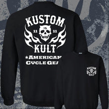 Load image into Gallery viewer, KK SKULL N&#39; FLAMES AMERICAN CYCLE GEAR ~ White- Crew Neck - BLACK

