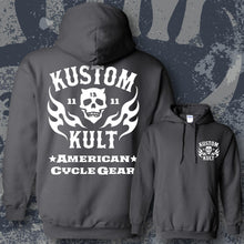 Load image into Gallery viewer, KK SKULL &#39;N FLAMES AMERICAN CYCLE GEAR ~ White - Hoodie - DARK GRAY
