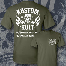 Load image into Gallery viewer, KK SKULL &#39;N FLAMES - AMERICAN ROD &amp; KUSTOM ~ White - Short Sleeve Tee - ARMY
