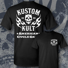 Load image into Gallery viewer, KK SKULL &#39;N FLAMES - AMERICAN CYCLE GEAR ~ White - Short Sleeve Tee - BLACK
