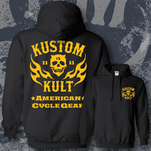 Load image into Gallery viewer, KK SKULL &#39;N FLAMES AMERICAN CYCLE GEAR ~ Yello - Hoodie - BLACK

