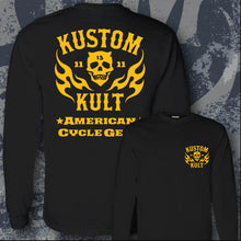 Load image into Gallery viewer, KK SKULL &#39;N FLAMES AMERICAN CYCLE GEAR~ Yellow - Long Sleeve Tee - BLACK
