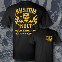 Load image into Gallery viewer, KK SKULL &#39;N FLAMES - AMERICAN CYCLE GEAR ~ Yellow - Short Sleeve Tee - BLACK
