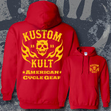 Load image into Gallery viewer, KK SKULL &#39;N FLAMES AMERICAN CYCLE GEAR ~ Yello - Hoodie - RED
