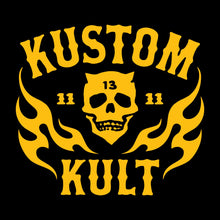 Load image into Gallery viewer, KK SKULL &#39;N FLAMES AMERICAN ROD &amp; KUSTOM~ Yellow - Long Sleeve Tee - BLACK
