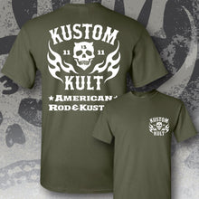 Load image into Gallery viewer, KK SKULL &#39;N FLAMES - AMERICAN ROD &amp; KUSTOM ~ White - Short Sleeve Tee - ARMY
