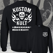 Load image into Gallery viewer, KK SKULL N&#39; FLAMES AMERICAN ROD &amp; KUSTOM ~ White - Crew Neck - BLACK
