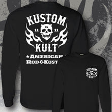 Load image into Gallery viewer, KK SKULL &#39;N FLAMES AMERICAN ROD &amp; KUSTOM~ White - Long Sleeve Tee - BLACK
