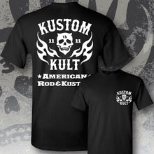 Load image into Gallery viewer, KK SKULL &#39;N FLAMES - AMERICAN ROD &amp; KUSTOM ~ White - Short Sleeve Tee - BLACK
